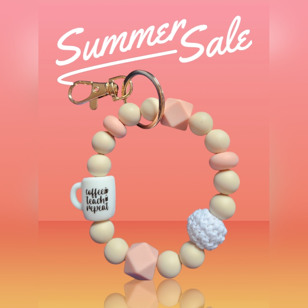 Teacher Bag Charm Key Ring Arm keyring in this cute "COFFE TEACH REPEAT" NWT
